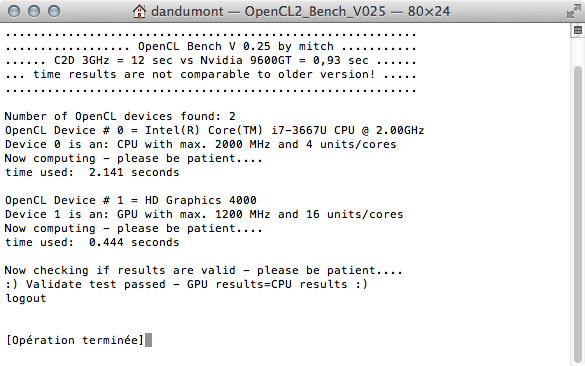 OpenCl sur MBA 2012 Core i7